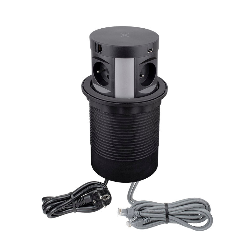 POWERBOX - 4 Stikk + 2 USB (3,1A) + 2 CAT6 + Qi-lader (2A) - MATT SORT - 2HOME.NO®