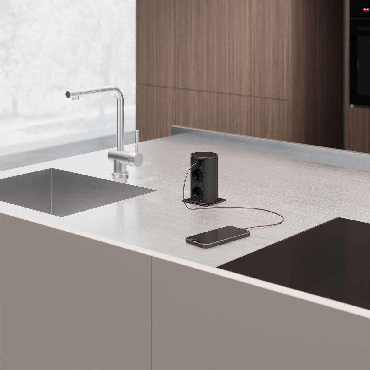 VersaLIFT® | 2 stikk + 2 USB (A+C - 18W) + QI (15W) | Sort glass - bilde 2