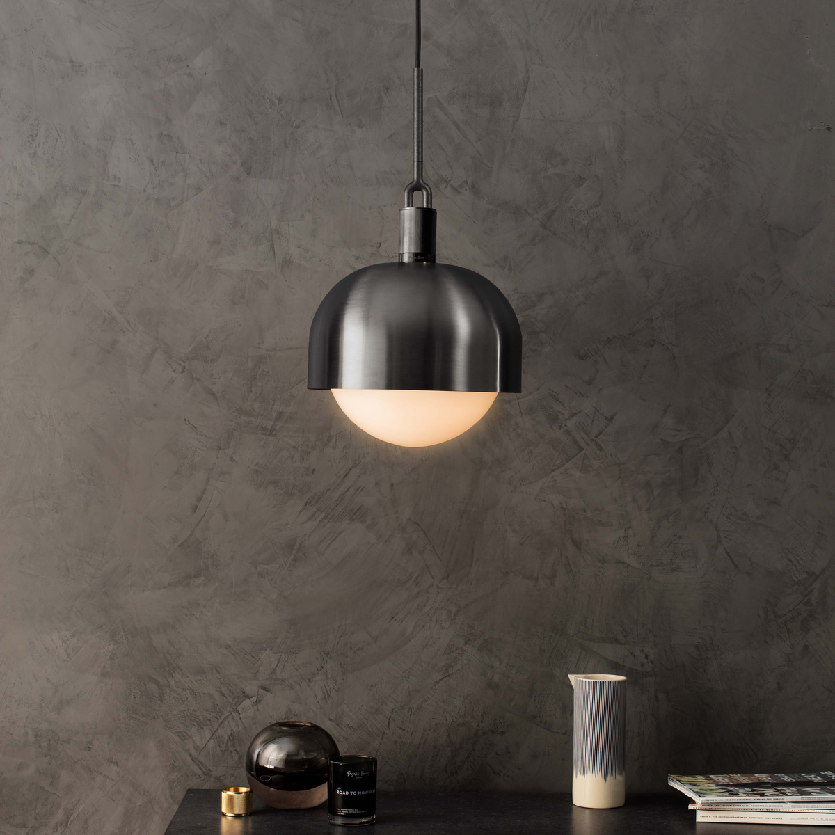 FORKED PENDANT / SHADE / GLOBE / OPAL - Large - Steel