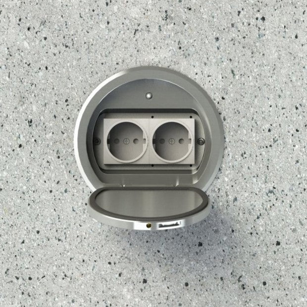 8602A | RUND IP65 GULVBOKS | 2 STIKK | Inkludert støpemodul isopor - Børstet rustfri Aluminium