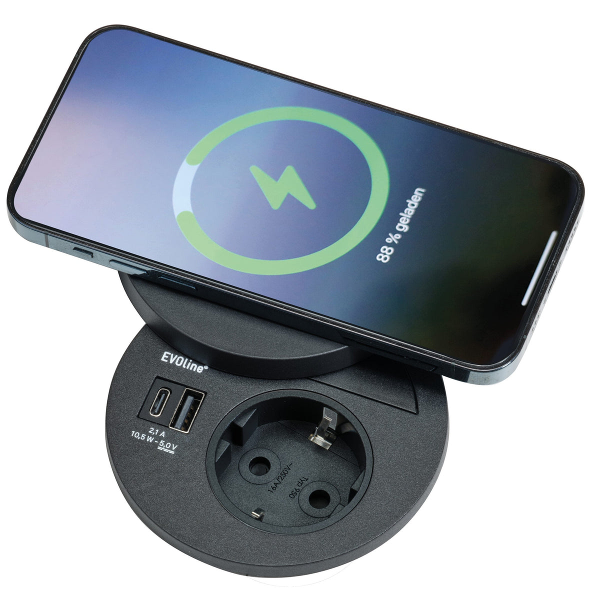EVOline® Circle80 DisQ - 1 stikk + 1 USB-C + 1 USB-A + 1 QI lader (1A) - SORT - bilde 2