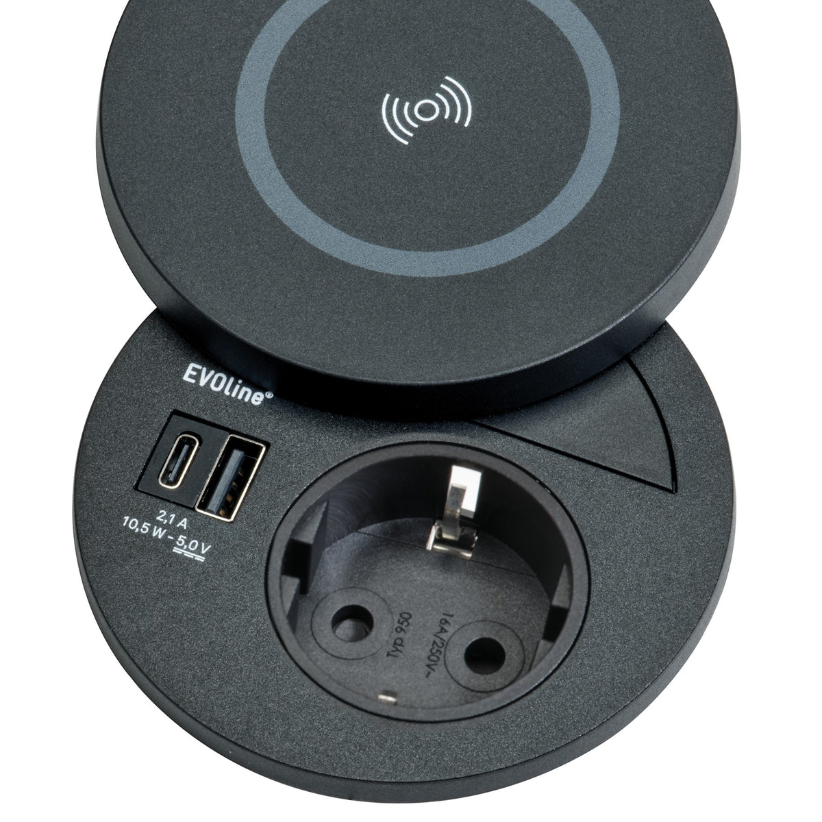 EVOline® Circle80 DisQ - 1 stikk + 1 USB-C + 1 USB-A + 1 QI lader (1A) - SORT - bilde 3