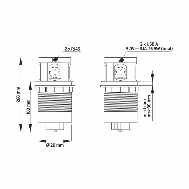 POWERBOX - 4 Stikk + 2 USB (3,1A) + 2 CAT6 + Qi-lader (2A) - MATT SORT - 2HOME.NO®