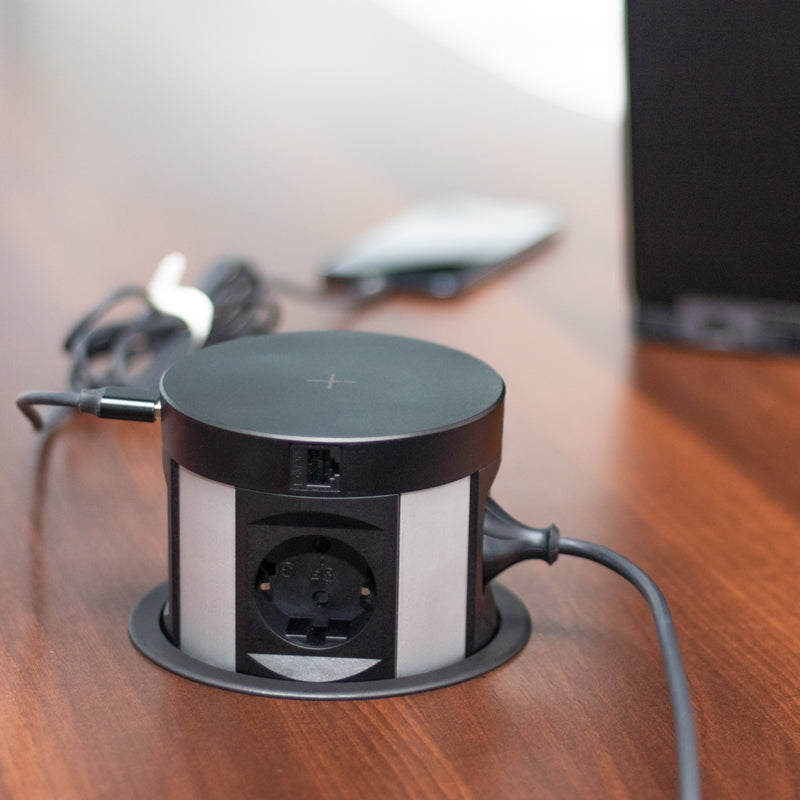 POWERBOX - 4 Stikk + 2 USB (3,1A) + 2 CAT6 + Qi-lader (2A) - MATT SORT - 2HOME.NO®