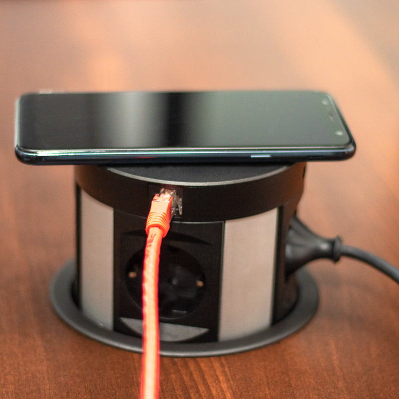 POWERBOX - 4 Stikk + 2 USB (3,1A) + 2 CAT6 + Qi-lader (2A) - MATT SORT - 2HOME.NO®