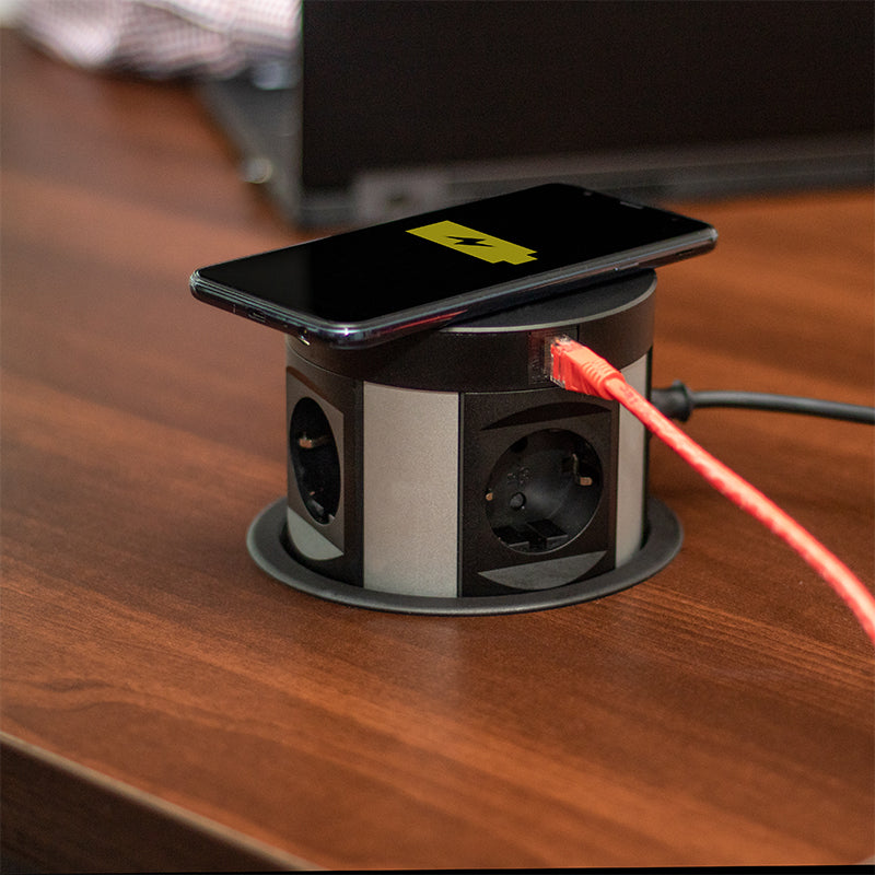 POWERBOX - 4 Stikk + 2 USB (3,1A) + 2 CAT6 + Qi-lader (2A) - MATT SORT - 2HOME.NO®