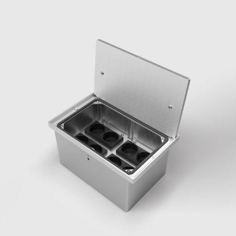 8308A | IP65 GULVBOKS | 7 STIKK + 2 rj45 cat6a | Inkludert støpemodul isopor - Børstet rustfri Aluminium
