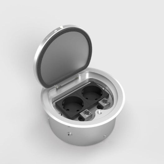 8602A2 | RUND IP65 GULVBOKS | 2 STIKK + 2 DATA | Inkludert Støpemodul - Børstet rustfri Aluminium
