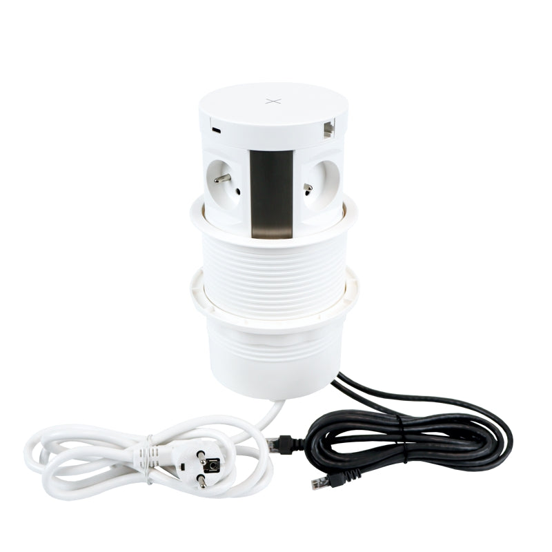POWERBOX - 4 Stikk + 2 USB (A+C) + 2 CAT6 + Qi-lader (2A) - MATT HVIT - 2HOME.NO®