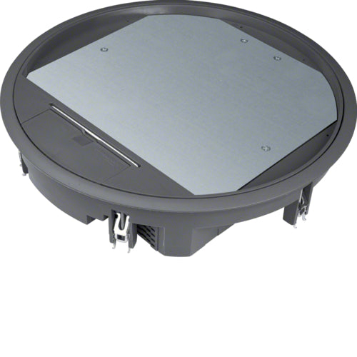 HAGER - VR12 - Rund gulvboks for nedfelling i gulv - 12mm utsparring i lokk - 12 Uttak - Sort halogenfri Polyamid - IP30 - HAGER