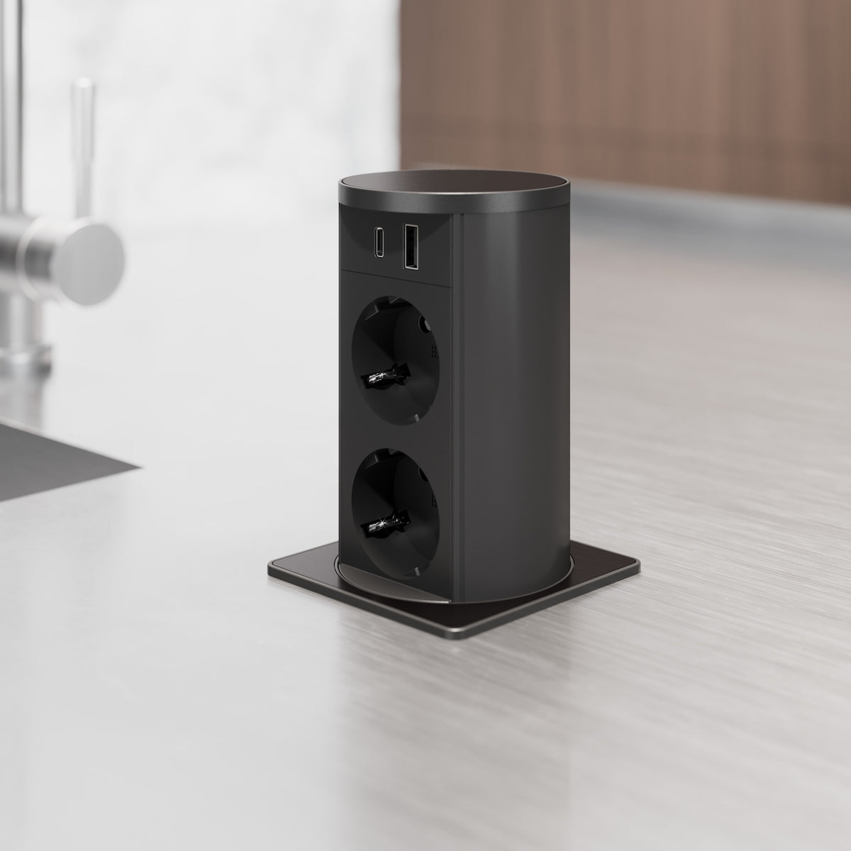 VersaLIFT® | 2 stikk + 2 USB (A+C - 18W) + QI (15W) | Sort glass