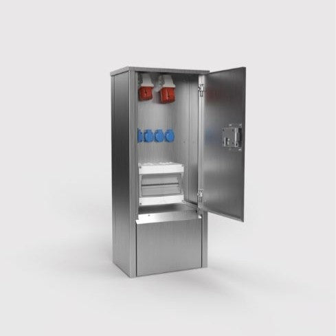 BS - EST24 FIRKANTET Uttakssøyle gatemontering IP44 - 4 x Schuko 1 x CEE 5/16A 400V/6h 1 x CEE 5/32A 400V/6h - STAINLESS STEEL