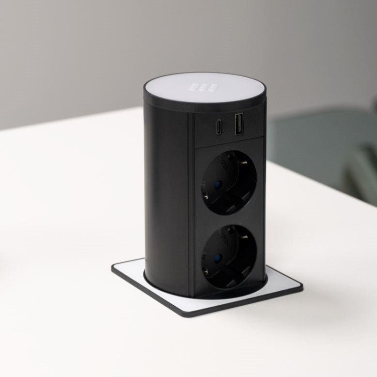 VersaLIFT® | 2 stikk + 2 USB (A+C - 18W) + QI (15W) | Hvitt glass